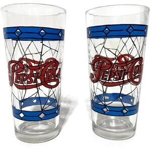 VTG Pepsi Cola Drinking Glasses Tiffany Style 1970s Stained Glass 12oz Set of 2